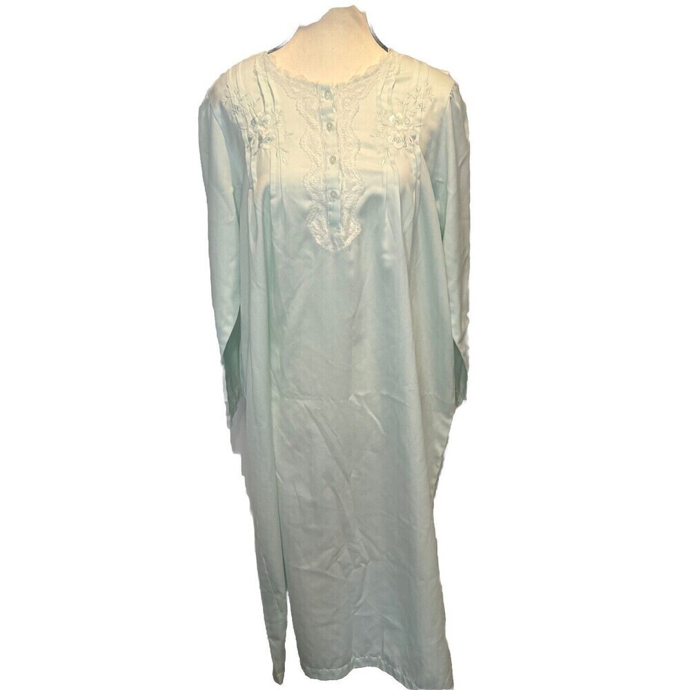 Miss Elaine Light GREEN Long Sleeve Embroidered Lace Buttons Nightgown Petite L